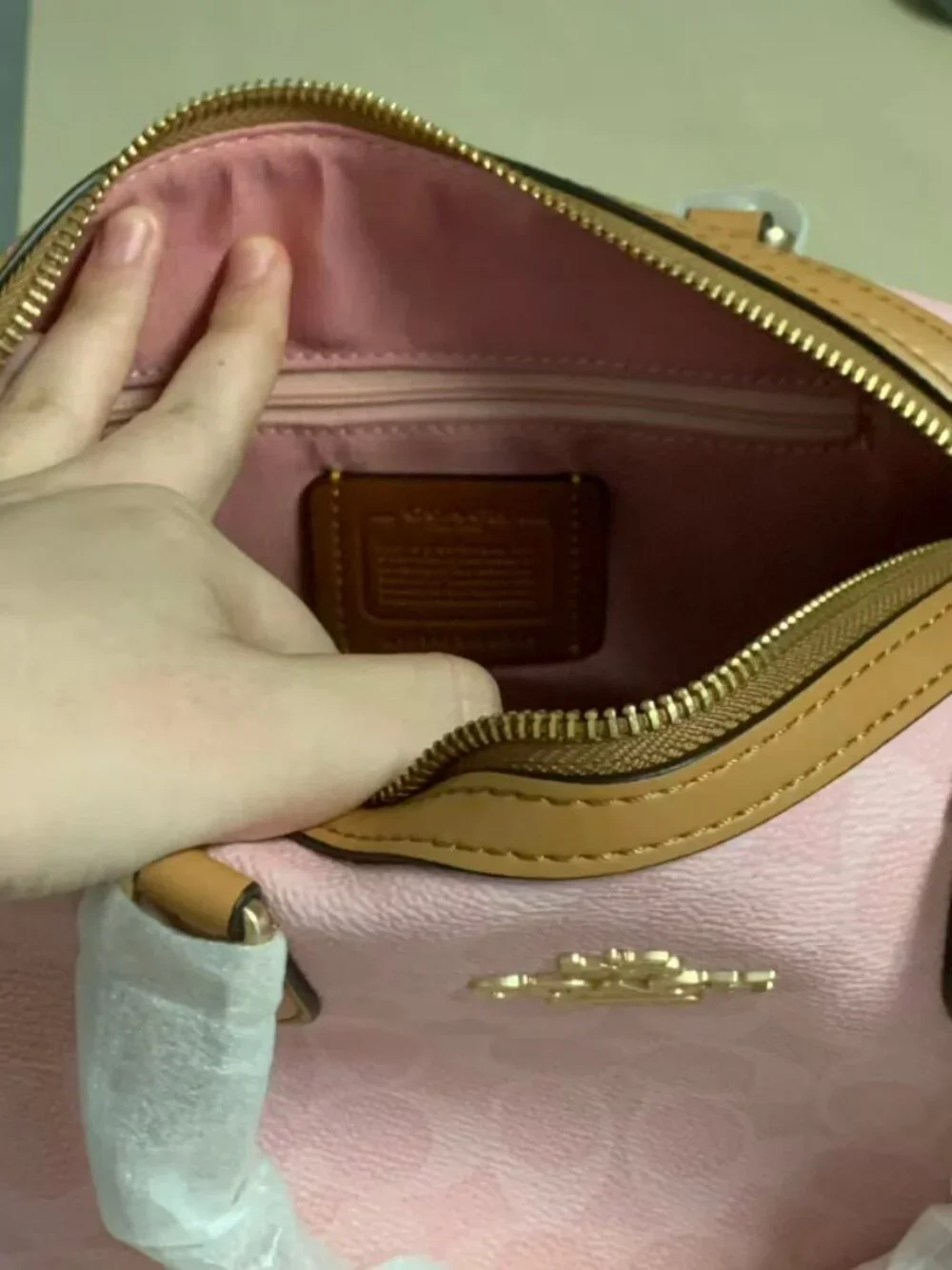 Pink Coach Signature Handbag with Leather Details